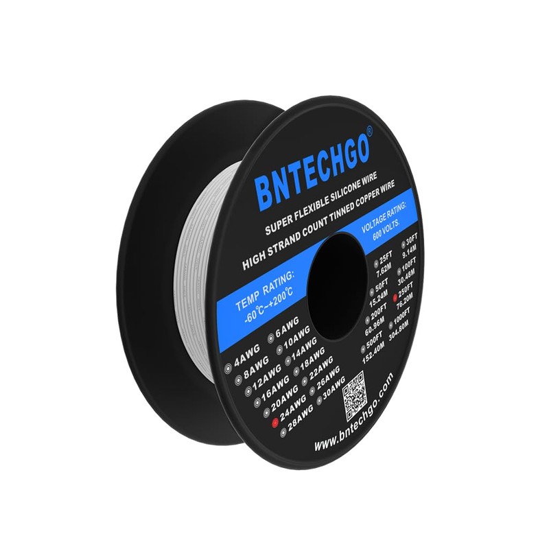 BNTECHGO 24 Gauge Silicone Wire Spool 250 ft White Flexible