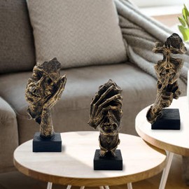 aboxoo 3Pcs Thinker Statue,Silence is Gold Abstract Art Figurine,No Hear No See No Speak Modern Home Resin Sculptures Decorative Objects Modern Decor for Creative Room Home,Office Study (Large Gold)