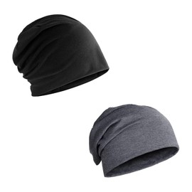 HXHWKEN 2pcs Beanie Hat for Men and Women Thin Slouch Beanie Hats Unisex Lightweight Jersey Skull Cap Breathable Long Beanie for All Seasons, Black and dark grey