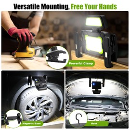 Tresda Rechargeable Work Light with Clamp, 3000 Lumen Magnetic Work Light Battery Powered with 5 Light Modes, 350° Rotation, Portable Job Site Lighting for Construction Site, Workshop, Car Repairing