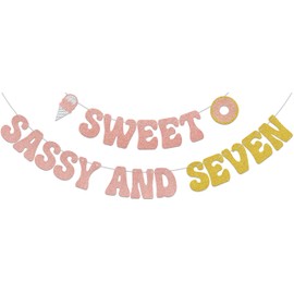 Sweet Sassy And Seven Banner,Donut 7th Birthday Party Decorations,Ice Cream 7th Birthday Decorations,7 Year Old Girl Boy Birthday Party Decorations Supplies Gold & Rose Gold
