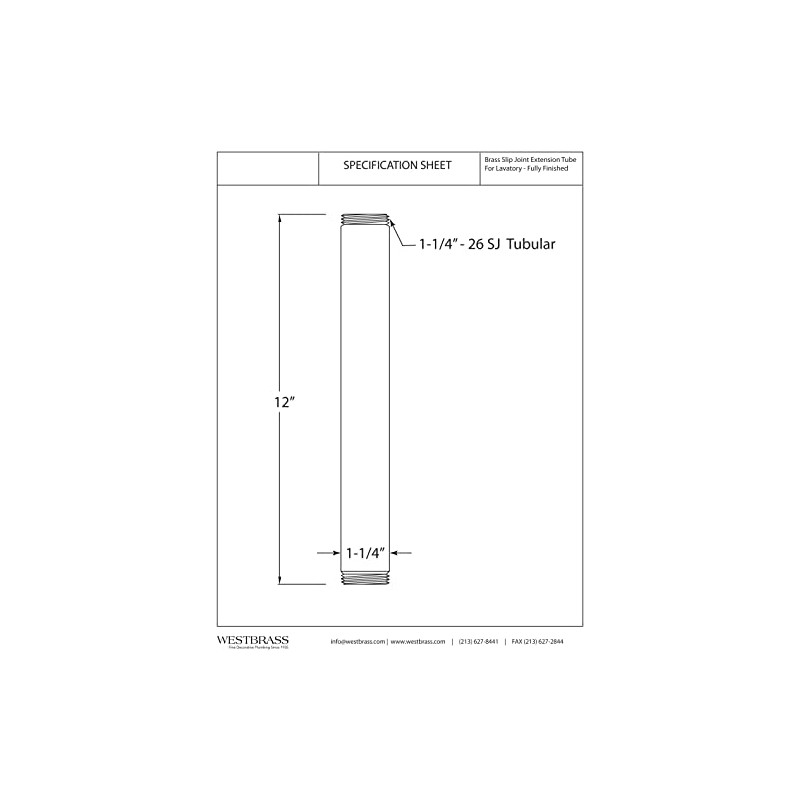 Westbrass A419-01 1-1/4" OD x 12" Double End Threaded Lavatory