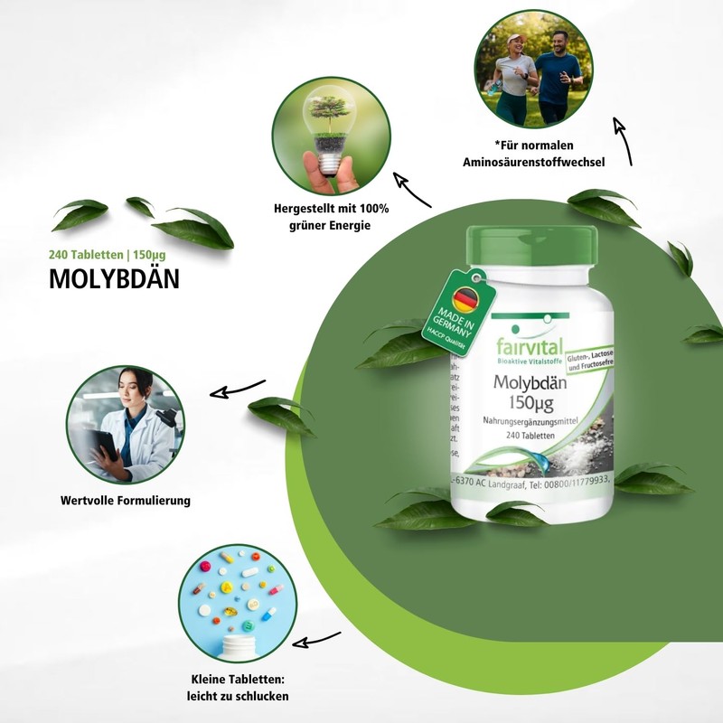 fairvital Molybdenum 150μg, 240 Tablets, Swallow-friendly, Sodium Molybdate, Quality-Tested and