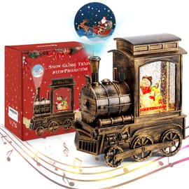 IPOW Christmas Snow Globe Lantern Train with Santa Sleigh Projection, Water Swirling Glitter Musical and Lighted USB Powered & Battery Operated Music Box for Christmas Home Decoration Gift