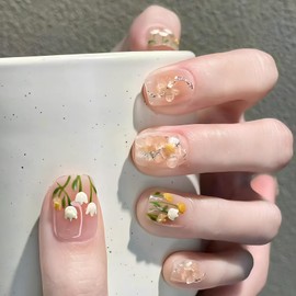 ALLEVG Nail Tips, 30 Pieces, Spring & Summer Short Nail Nails, 3D Tulip, Cheek Nail Style, Pink Gradient, Skin Radiant, Salon Specifications, Instagenic, Replaceable