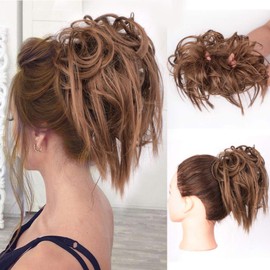 Lativ Messy Hair Bun Tousled Updo Hair Scrunchies Extension With Elastic Rubber Band Messy Hair Accessories Hair Pieces for Women Girls (Messy Bun, Light Ash Brown)