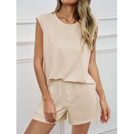 Tankaneo Womens 2 Piece Summer Outfits Casual Crewneck Sleeveless Tank Tops and Shorts Lounge Matching Sets, Beige, Medium