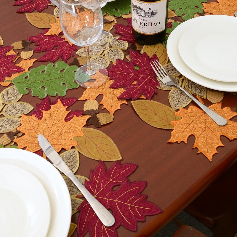 Simhomsen Embroidered Fall Autumn Thanksgiving Multi-Color Leaves Table Runner (14