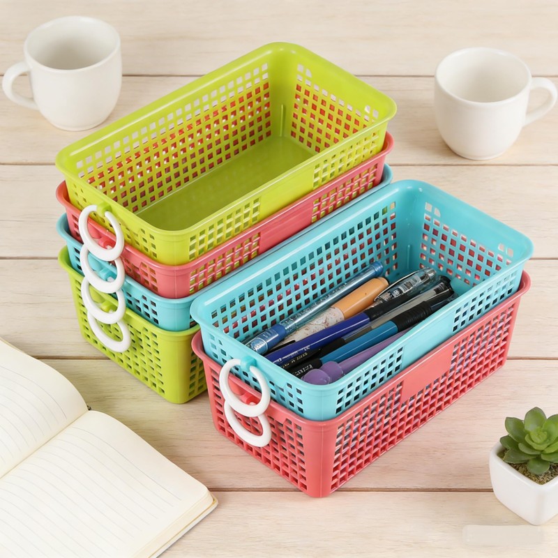 Buyitt Colorful Plastic Storage Baskets with Handle, Small Desktop Storage