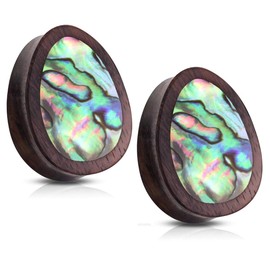 Pierced Owl Abalone Inlaid Sono Wood Tear Drop Saddle Plugs, Sold as a Pair (25mm (1"))
