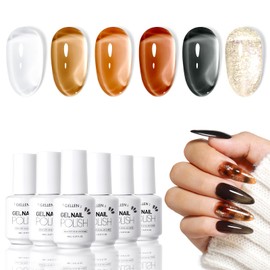 Gellen- Esmalte de uñas en gel gelatinoso, kit de esmalte en gel translúcido en tonos ámbar transparentes, marrón, blanco lechoso, brillo dorado.     