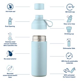 Ocean Bottle 500ml Eco-Friendly Stainless Steel Reusable Water Bottle | Leakproof BPA Free 100% Dishwasher Safe | Double Wall Vacuum Insulated Thermos Flask (Sky Blue)