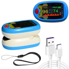 Pediatric Pulse Oximeter Blood Oxygen Saturation Monitoring CE FCC Approved Heart Rate Stats Detector NHS Children Finger Kids SpO2 Levels Monitor TFT Lanyard & USB (Blue Kids Oximeter)
