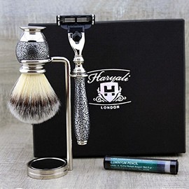 Classic Shaving Set for Men with Synthetic Shaving Brush, Mach3 Razor & Stand + Free Alum Stick Vintage Style Premium Silver Antique Special Design