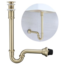 SEABEFORE Brass P Trap with Pop Up Drain Stopper With Overflow,U-Shape 1 1/4 Slip Joint Extension Tub Sink Drain Pipe,12 inch Pipe length Adjustable Height Sink Waste Trap Drain Kit,Brushed Gold