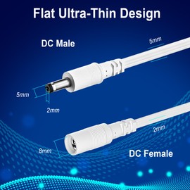 Flat 12V DC Power Extension Cable 20 FT, 5.5 mm x 2.1 mm 5521 Male to Female Supply Adapter Cord, Compatible with CCTV Security Camera, IP Network, DVR Standalone, LED Strip, Router, UV Resistant
