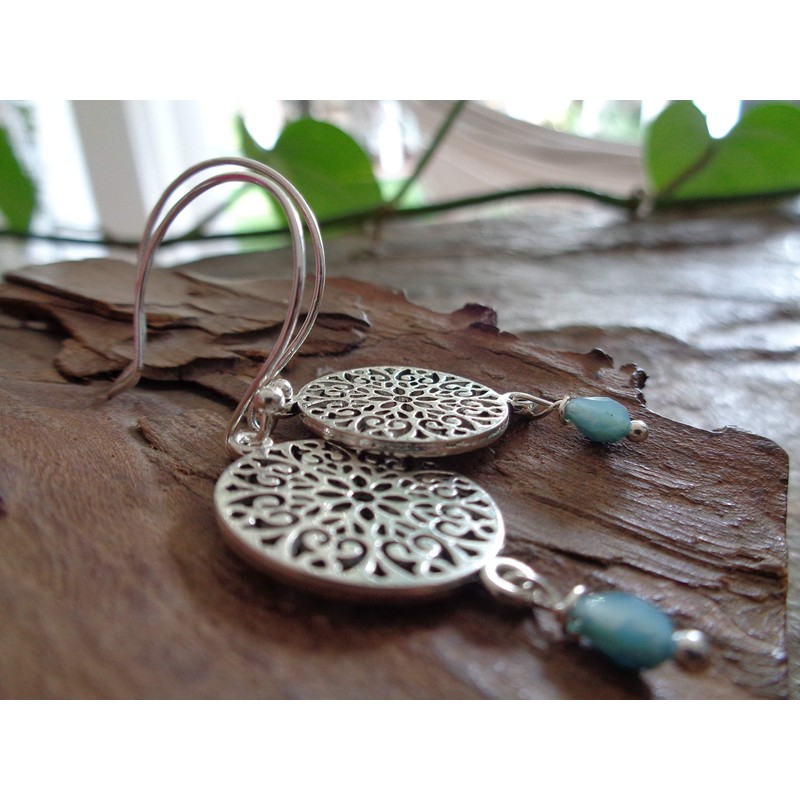 Large delicate mandala and blue crystal: cut-out, long hook earrings