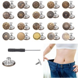 Adjustable Waist Buckle, 20 Pieces Metal Jeans Sewing Buttons, 17mm Nailless Removable Metal Jeans Buttons, Replacement Repair Combination with Thread Rivets and Screwdrivers