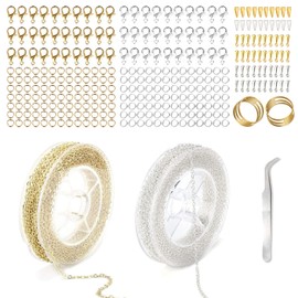 305 Pcs Jewelry Making Chains Kit, Silver Gold Chain for Jewelry Making, 2mm Flat Necklace Chains with Jump Rings and Lobster Clasps for DIY Craft Necklace Bracelet Anklet Making
