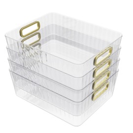 Esdiplot 4 Packs Clear Plastic Pantry Storage Bins with Handle, Plastic Organizer Basket Bin