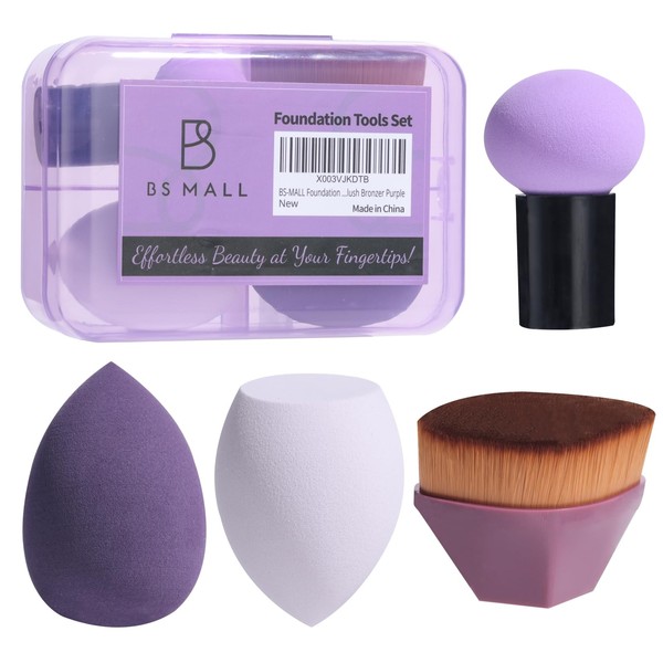 BS-MALL Foundation Brush with 3 Makeup Sponges Foundation Application Set Concealer Blush Bronzer (A-Purple)