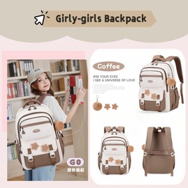 GRUOTEIS 3Pcs Kids Backpack for Girls with Tote Bag, School Bags Bookbag for Girls Elmentary Middle School, with Furry Pendant, A08-3Pcs Coffee