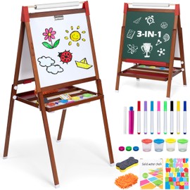 Kids Easel Kids Wooden Easel with Paper Roll - Adjustable Magnetic Double Sided Drawing Board Whiteboard & Chalkboard Dry Easel Board Children Art Easel for 3~12 Years (Walnut Color)