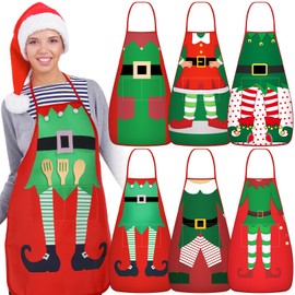 LOYIM 6 Pcs Vintage Christmas Kitchen Apron with Pocket Elf Santa Claus Snowman Xmas Cooking Apron for Women Men(Elf Color)