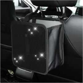 TSUGAMI Car Foldable Trash Can, Bling Rhinestone Crystal Auto Hanging Waterproof Leakproof Garbage Bin, Vehicle Waste Basket Dustbin, Foldable Car Trash Bin Bags for Car Console and Seat(Black)