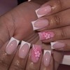 24Pcs Pink Flowers Press on Nails, Short Square French White
