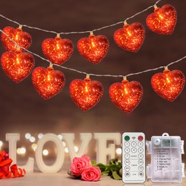 Valentines Heart Decoration Lights 6.8Ft String Lights Battery Operated 10 LED Red Heart Lights with Remote Timer, Valentines Day Lights Indoor for Home Bedroom Wedding Xmas Decor
