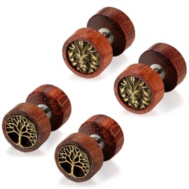Flongo Men's Women 4PCS Vintage Stainless Steel Wood Cheater Fake Ear Plugs Gauges Illusion Screw Stud Earrings