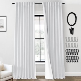 PANELSBURG White Curtains 100 Inches Long for Living Room,2 Panels Set Blackout Pleated Back Tab Room Darkening Faux Linen Cotton Look Drapes for Bedroom,52x100 Inch Length