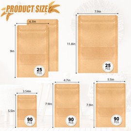 Qilery 320 Kraft Bags with Window Resealable Stand up Paper Bags Zipper Lock Closure Pouches Tea Coffee Bags Food Container Sets for Home Business Use Product Packaging Storage, 5 Sizes