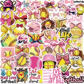 50PCS Pink Coquettte Bows Softball Stickers, Cute Motivational Vinyl Waterproof Stickers for Water Bottles,Helmets, Luggage, Teaching Incentives, Softball Gifts for Girls Kids, Teens and Adults