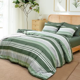 PHF 5 Pieces Twin Comforter Set, Striped Bed in A Bag, Olive Green Stripe Comforter & 18" Sheet Set All Season, Ultra Soft Bedding Sets with Comforter, Sheets, Pillowcases & Shams