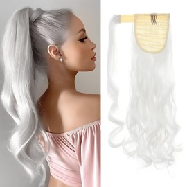 Silk-co Curly Pony Tail Hairpiece Clip in Hair Extensions 17inches Wrap Around Ponytail Long for Women (White)