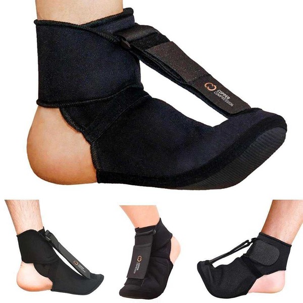 Copper Compression Plantar Fasciitis Night Splint Sock. Supports Dorsal Drop Foot Orthopedic Brace for Right or Left Foot. Soft Stretching Boot Splints for Feet, Sleep, Recovery Socks, Braces