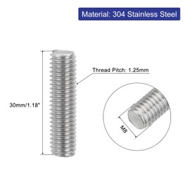 sourcing map 4Pcs Fully Threaded Rod, M8 x 30mm 304 Stainless Steel Right Hand Thread Bar Studs M8-1.25 Thread Pitch for Furniture Machinery Assembly