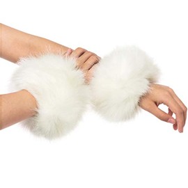 Lucky Leaf Women Winter Wrist Warmers Faux Fox Fur Soft Cuffs Band Ring for Cold Weather (C1-Pure White)