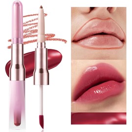Delineador de Labios Doble Punta con Brillo Labial 2 en 1, 04# Perfilado, relleno y brillo en un solo producto, Define y Da Volumen, Maquillaje Duradero, Look Brillante Natural
