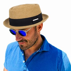 Men-Women-Summer-Straw-Pork Pie Hat - Classic-Short Brim-Boater Fedora-Sun Hat-UPF50+ Beach-Hat Khaki