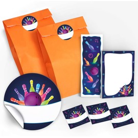 12 Gift Bags / Orange + 12 Stickers + 12 Bookmarks + 12 Mini Notepads Bowling Neon / Party Bag Guest Gift for Children Boys Girls for Children's Birthday Parties
