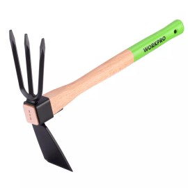 WORKPRO Hoe and Cultivator Garden Rake with 14" Wooden Handle Tools for Digging