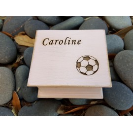 soccer ball soccer player custom made music box with a soccer ball and your son or daughter's name on the top, personalizing option to the bottom side, with your choice of color and song
