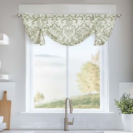 jinchan Linen Tie Up Valance for Kitchen Window Flax Floral Drapes Vintage Farmhouse Medallion Window Treatments Light Filtering Curtain for Living Room Laundry Rod Pocket 1 Panel 36 Inch Sage Green