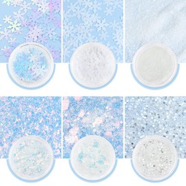 White Snowflakes Nail Glitter Sequins Holographic Snowflakes Nail Powder 3D Nail Art Flakes Powder Kit Sparkling Christmas Acrylic Nail Art for Decorations Winter Xmas Nails Supplies DIY 6 Jars