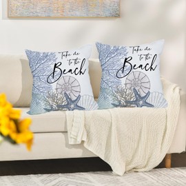Fukeen 2 Pack Waterproof Take Me to The Beach Summer Pillow Covers 22x22 Inch Blue Ocean Sea Shell Coral Conch Starfish Throw Pillow Covers Outdoor Coastal Decorations Cushion Case Double Sided