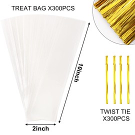 Augshy Pretzel Rod Bags, 300 Pcs 2 x 10 Pretzel Bags Individual Bag ClearIndividual Bag with Ties for Lollipop Candy Chocolate Cookie Wrapping