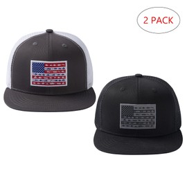 Bassdash 2 Pack Flat Brim Trucker Cap Adjustable Snapback Hat Mesh Back for Men Women Fishing Hunting, Pack of 2, Charcoal Grey & Black/Fish Flag